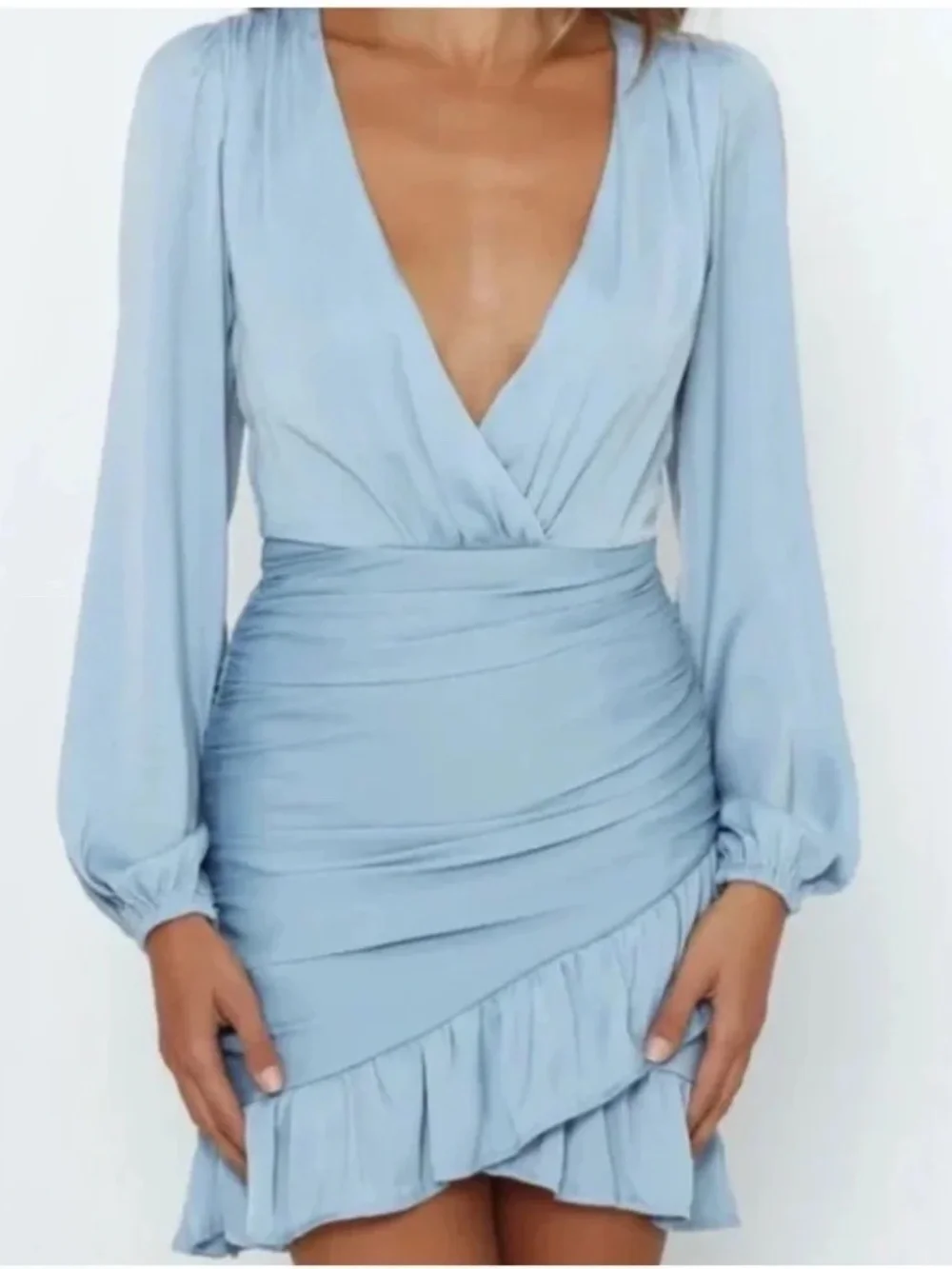 Hello Molly Love Drug Dress Blue Ruched Ruffle Hem Long Sleeve V-Neck Size XS